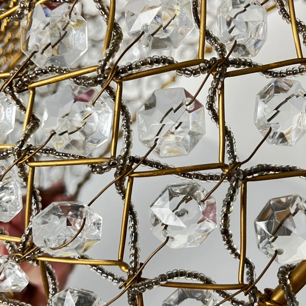 Vintage Gold Wire Crystal Basket Decorative Beaded Bowl Centerpiece 10 Inch